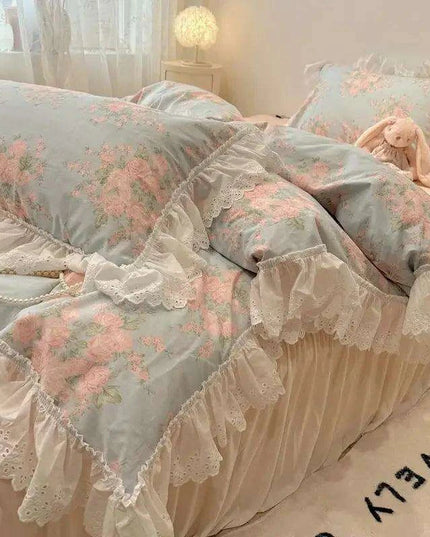 Elegant Floral Lace Ruffled Cotton Bedding Collection with Duvet Cover, Bed Skirt, Fitted Sheet, and Pillowcases
