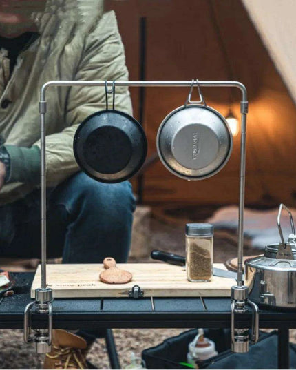 Multi-Functional Stainless Steel Camping Gear Organizer with Built-in Light Stand and Storage Solutions