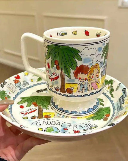 Whimsical Handcrafted French Coffee Cup and Saucer Set for Kids - Adorable Cartoon Design, Ideal for Breakfast and Tea Gifts