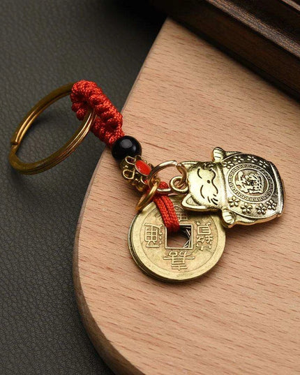 Fortune Cat Brass Keychain with Antique Coins - A Charm for Wealth and Abundance