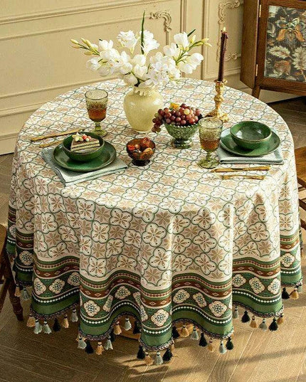 Luxurious Dark Green Round Tablecloth with Elegant Hanging Accents