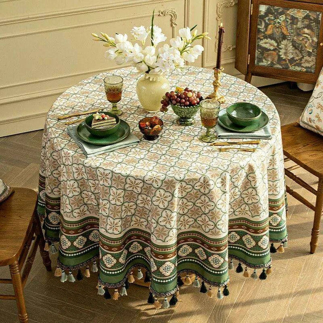 Luxurious Dark Green Round Tablecloth with Elegant Hanging Accents