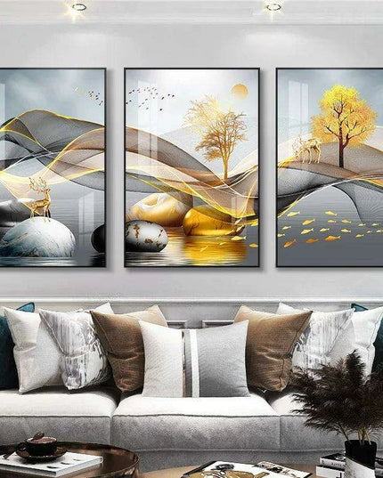 Nordic Elegance: Golden Deer Abstract Landscape 3-Piece Canvas Art Set with Customizable Borders for Luxury Home Decor