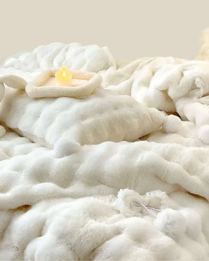 Plush Faux Rabbit Fur Bedding Ensemble with Charming Ball Accents - Duvet Cover, Sheets, and Pillowcases