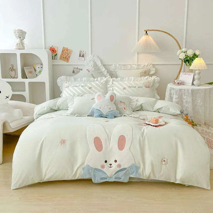 Charming Rabbit Applique Washed Cotton Bedding Set for Girls