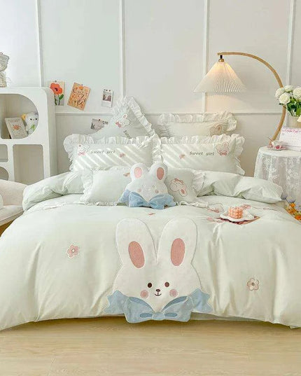 Charming Rabbit Applique Washed Cotton Bedding Set for Girls