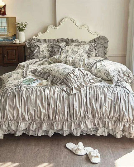 Elegant Vintage Floral Lace Ruffle Cotton Bedding Set with Duvet Cover, Bed Sheet, and Pillowcases