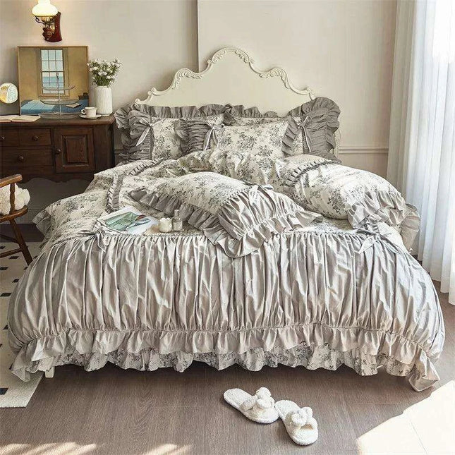 Elegant Vintage Floral Lace Ruffle Cotton Bedding Set with Duvet Cover, Bed Sheet, and Pillowcases