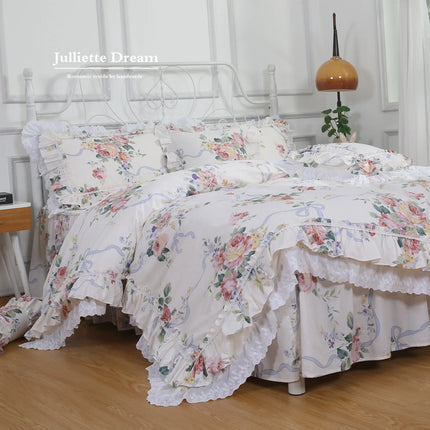 Warm Textile Home Rose Printed Lace Ruffle King Duvet Bedding Set