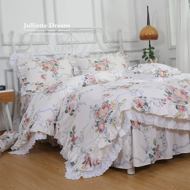 Rose Print Lace Ruffle Duvet Set — 4pc, 7 Sizes, 100% Cotton