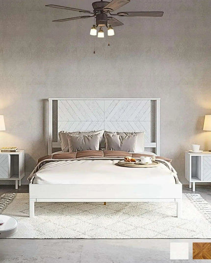 Rustic Golden Brown Acacia Wood Queen Bed Frame with Herringbone Headboard