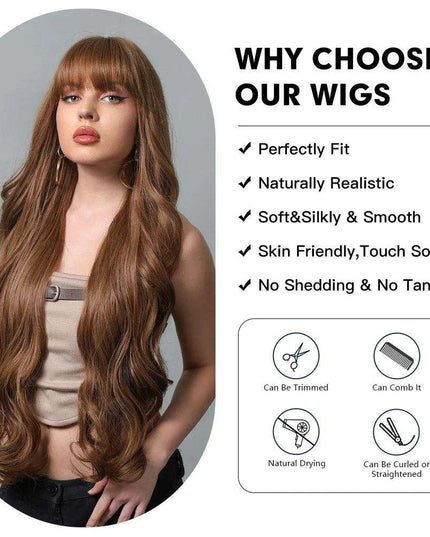30-Inch Brown Wavy Synthetic Wig with Bangs - Perfect for Parties and Themed Events
