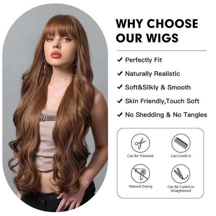 30-Inch Brown Wavy Synthetic Wig with Bangs - Perfect for Parties and Themed Events