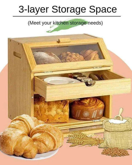 Elegant 3-Tier Bamboo Bread Storage Box with Clear Viewing Window - Chic Organizer for Fresh Baked Goods