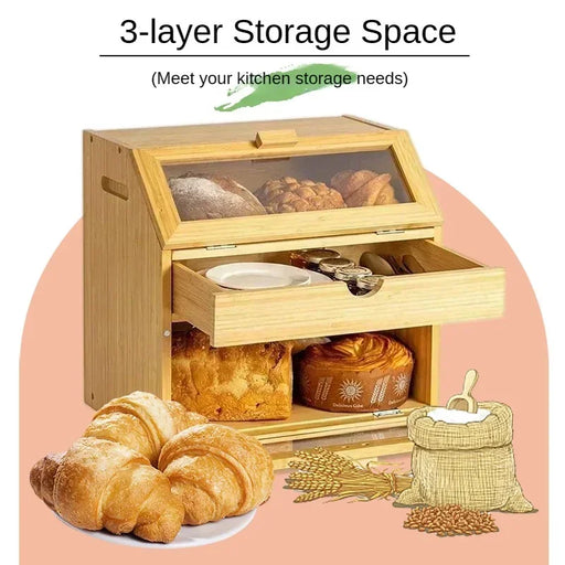 Bamboo Bread Box, 3-Layer Snack Storage Box, with Drawer and Acrylic Clear Window, Multi-function Kitchen Organizing Box