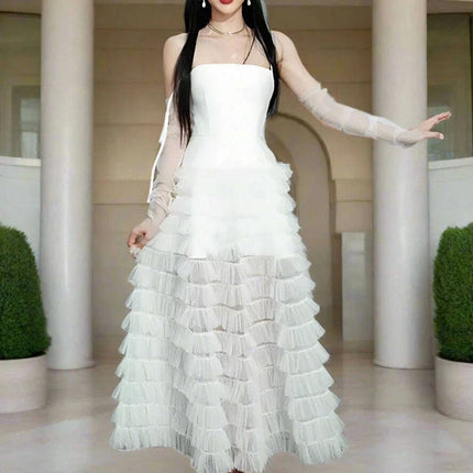 Sophisticated Strapless High Waist Gauze Dress with Elegant Camisole Accents