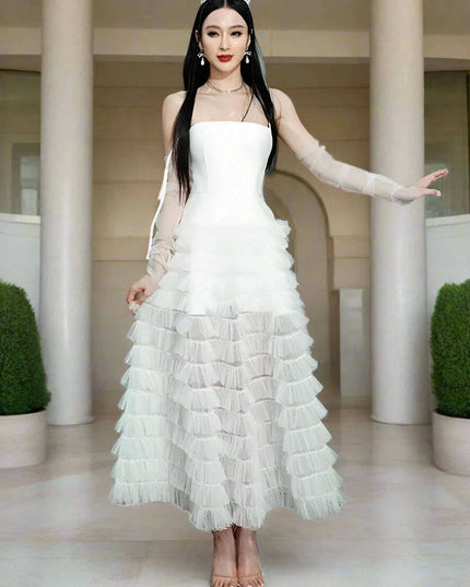 Sophisticated Strapless High Waist Gauze Dress with Elegant Camisole Accents