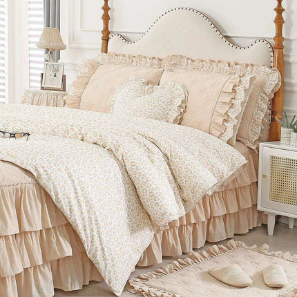 Elegant Leopard Print Ruffled Cotton Bedding Set - 4-Piece Korean-Inspired Duvet Collection with Bed Skirt