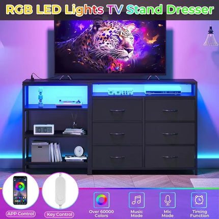 6-Drawer TV Stand with Reversible Shelving, RGB LED Lights & Charging Station