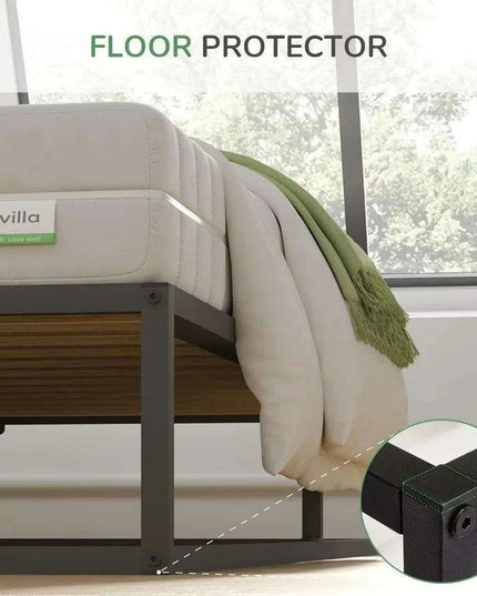 Sophisticated Black Metal Queen Platform Bed Frame with Wood Slats - Quiet and Easy to Assemble