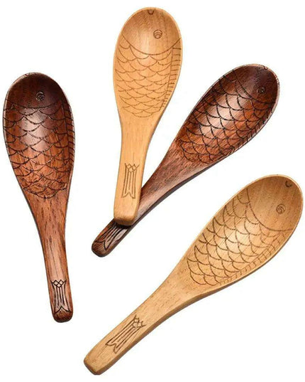 Charming Handcrafted Fish-Shaped Japanese Wooden Rice Spoon - Short-Handled Kitchen Essential