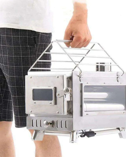 Compact Stainless Steel Outdoor Wood Stove with Chimney for Cooking and Heating