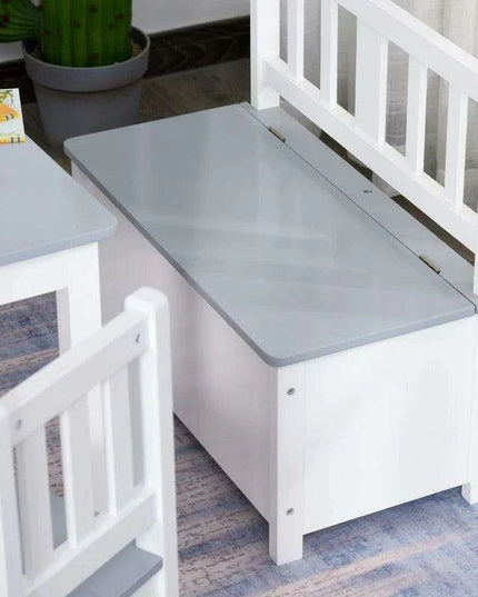 Stylish Grey and White Children's Table Set with Storage Bench and Two Chairs - Ideal for Imaginative Play and Learning Activities
