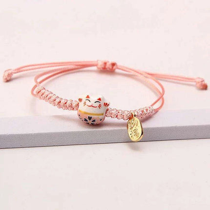 Whimsical Rainbow Braided Lucky Cat Bracelet - Adjustable Ceramic Good Fortune Jewelry