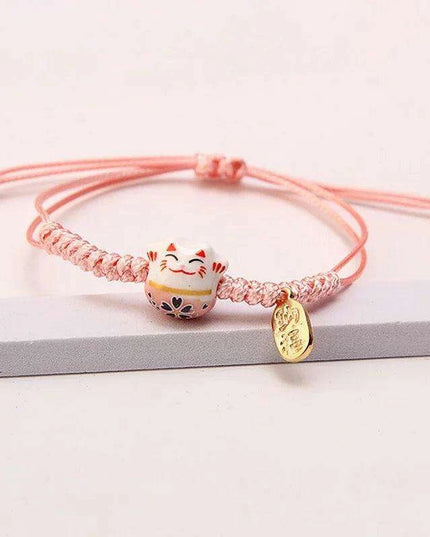 Whimsical Rainbow Braided Lucky Cat Bracelet - Adjustable Ceramic Good Fortune Jewelry
