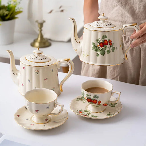 Elegant Gold and White Ceramic Tea Set with 220ml Cup and 800ml Teapot