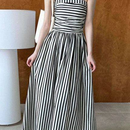 Elegant Black Striped Pleated Sleeveless Long Strap Dress for Women - Spring/Summer 2024 Fashion