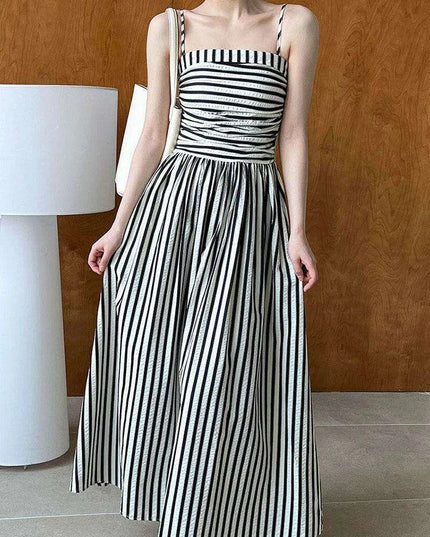 Elegant Black Striped Pleated Sleeveless Long Strap Dress for Women - Spring/Summer 2024 Fashion