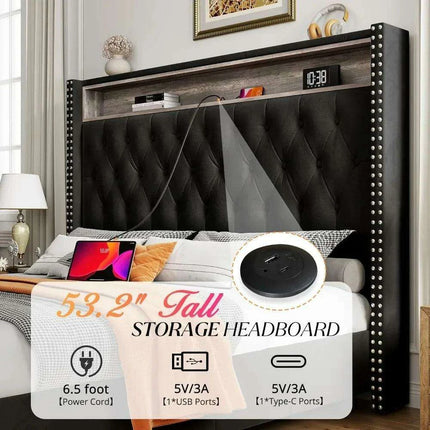 Luxurious King Bed Frame with LED Mood Lighting and Built-in Charging Station