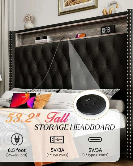 Luxurious King Bed Frame with LED Mood Lighting and Built-in Charging Station