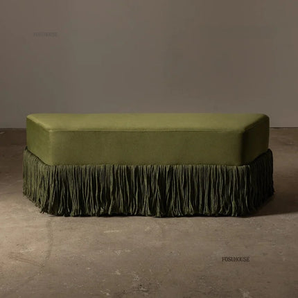 Velvet Ottoman Footstool — Upholstered Fringe Bench & Shoe Stool