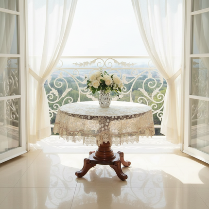 Embroidered Lace Round Tablecloth — Pastoral Rose Gold Table Linen