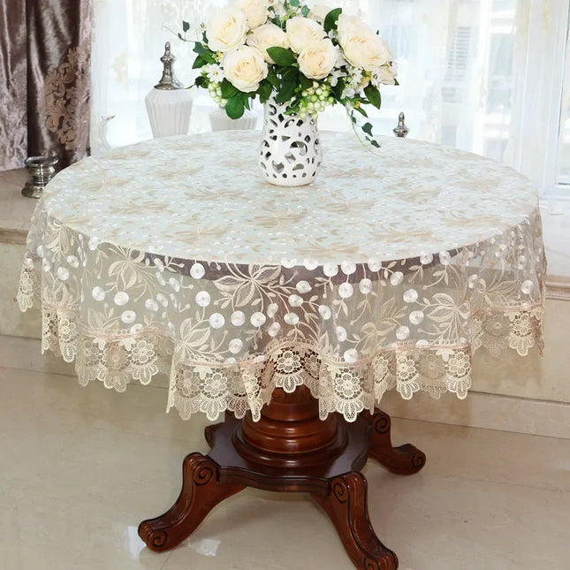 Embroidered Lace Round Tablecloth — Pastoral Rose Gold Table Linen