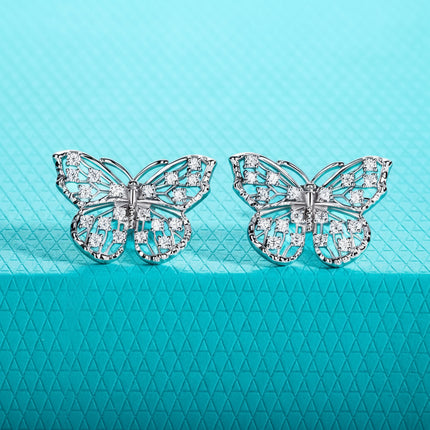 D Colour Moissanite Butterfly Stud Earrings — 925 Silver, 18K Plated, with Certificate