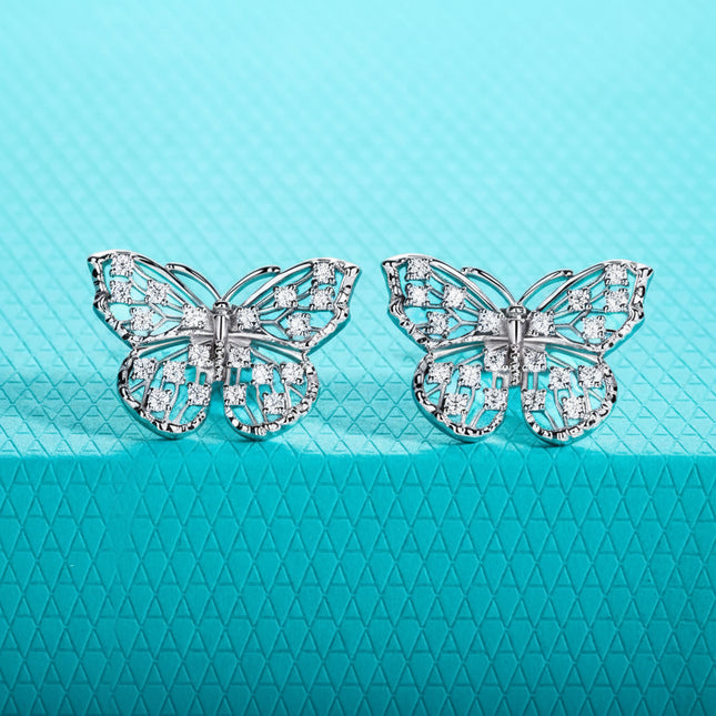D Colour Moissanite Butterfly Stud Earrings — 925 Silver, 18K Plated, with Certificate