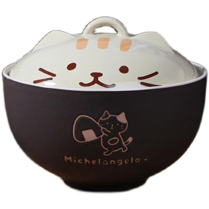 Cartoon Cat Ceramic Noodle Bowl with Lid - Versatile Dining Essential for Meals and Snacks