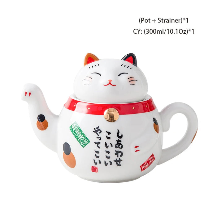 Charming Maneki Neko Porcelain Tea Set with Plutus Cat Teapot and Strainer