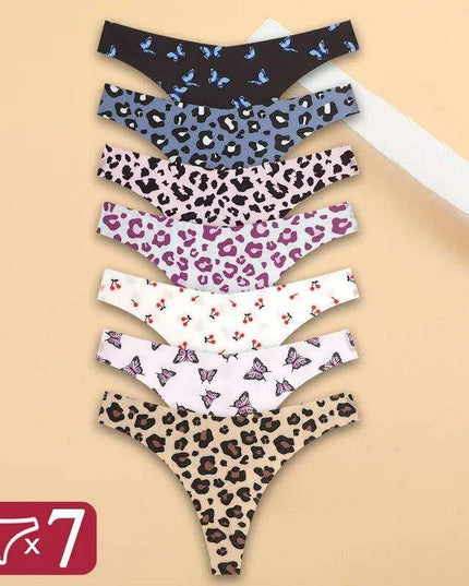 7Pcs Seamless Ice Silk Thong Set for Women - Fresh Low Waisted Print Underwear