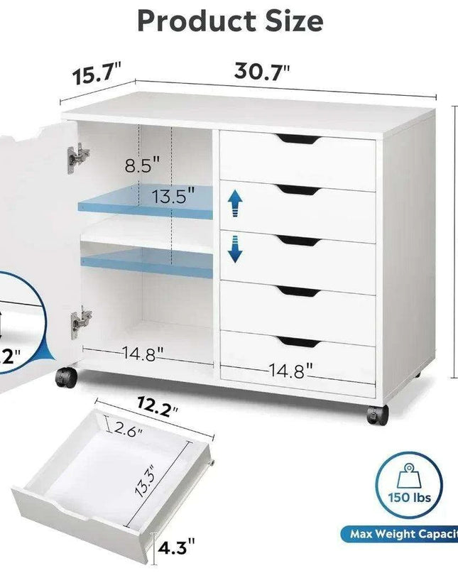 Mobile 5-Drawer Multifunctional Wooden Vanity with Mirror and Ample Workspace