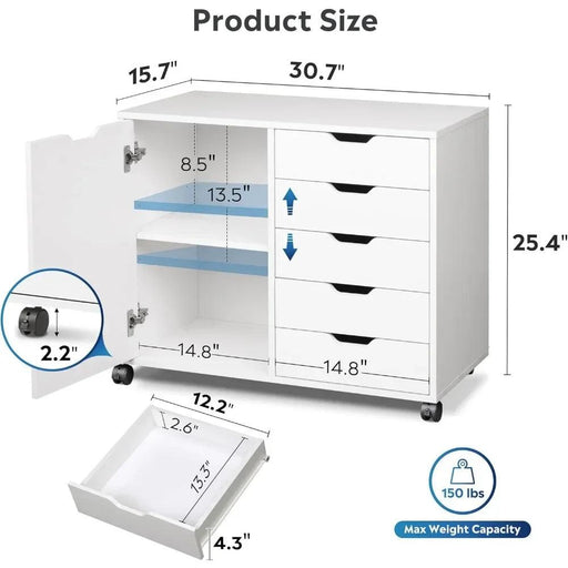 5-Drawer Rolling Wood Vanity Dresser with Storage Shelves and Mobile Cabinet