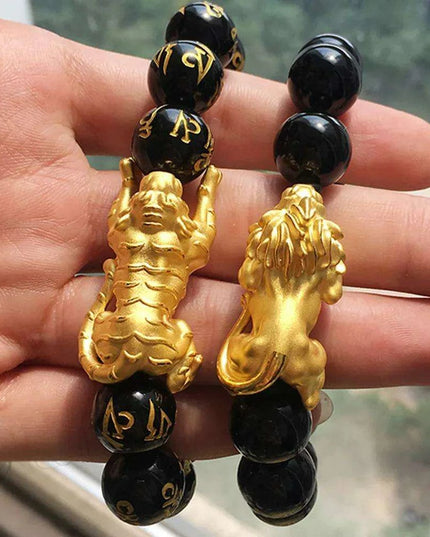 24K Yellow Gold Tiger & Lion Pendant: Exquisite Pure 999 Gold Jewelry