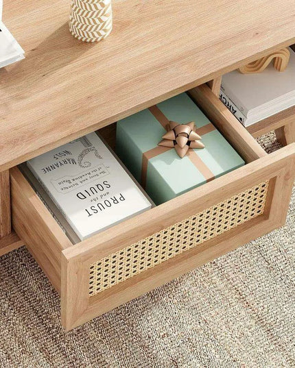 Stylish Rattan-Infused Wooden Coffee Table - Essential for Modern Living Spaces