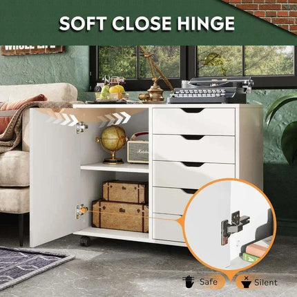 Mobile 5-Drawer Multifunctional Wooden Vanity with Mirror and Ample Workspace