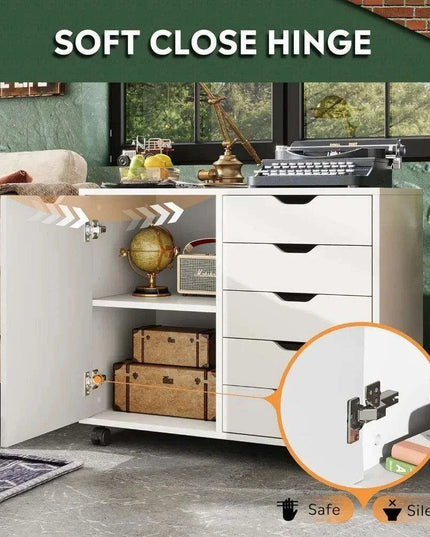 Mobile 5-Drawer Multifunctional Wooden Vanity with Mirror and Ample Workspace