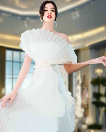 High Waist Summer Dress with 3D Pleats and Bow Accent - Sleeveless Slash Neck Design