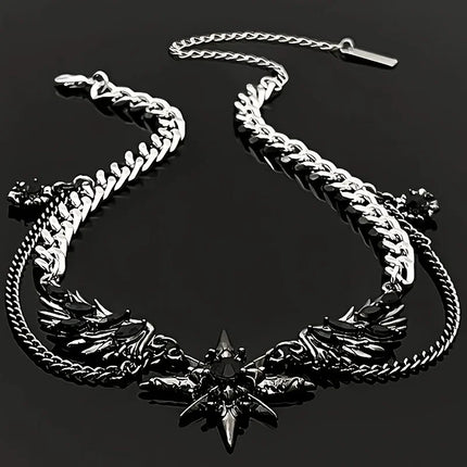 Gothic Reliquary Men's Wing Design Stainless Steel Necklace with Zirco